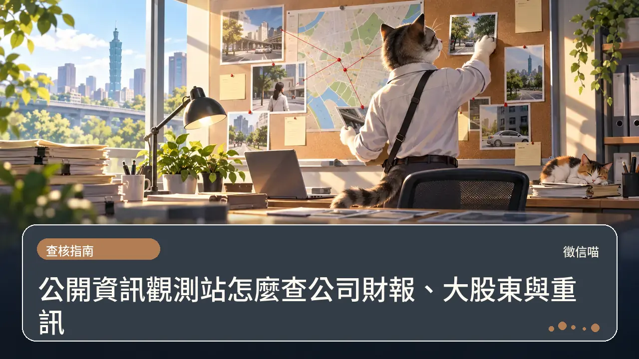 公開資訊觀測站怎麼查公司財報、大股東與重訊主題插畫