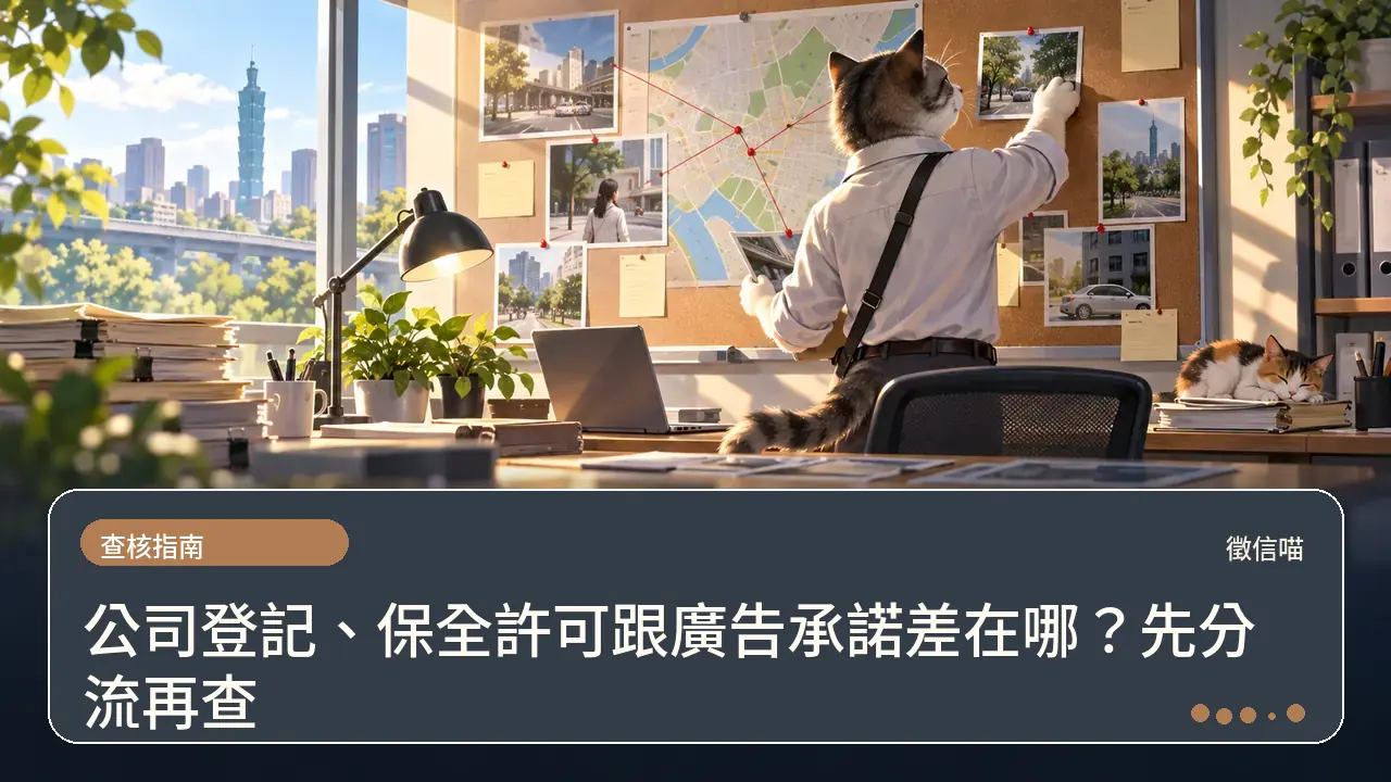 公司登記、保全許可跟廣告承諾差在哪？先分流再查主題插畫