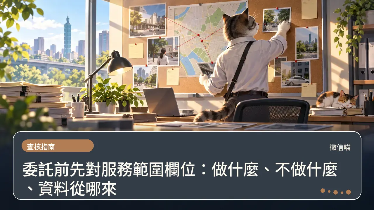 委託前先對服務範圍欄位:做什麼、不做什麼、資料從哪來主題插畫