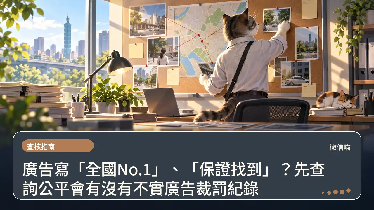 廣告寫「全國No.1」、「保證找到」？先查詢公平會有沒有不實廣告裁罰紀錄主題插畫