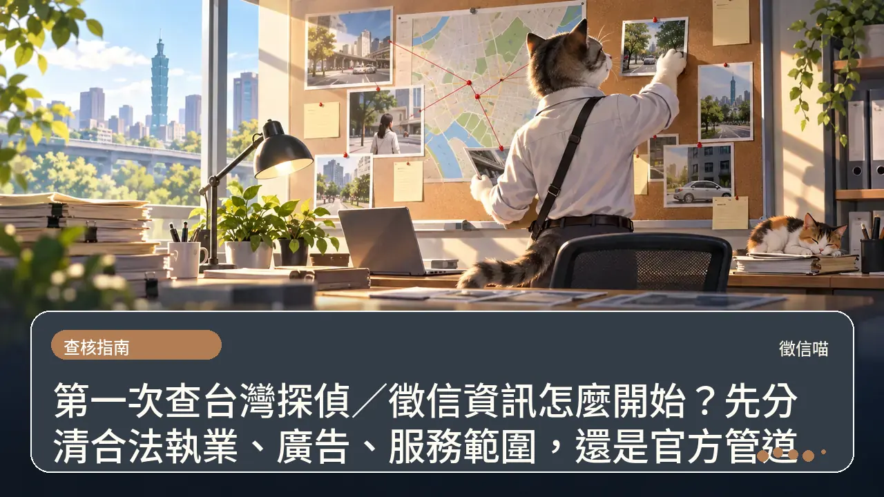 第一次查台灣探偵／徵信資訊怎麼開始？先分清合法執業、廣告、服務範圍，還是官方管道主題插畫