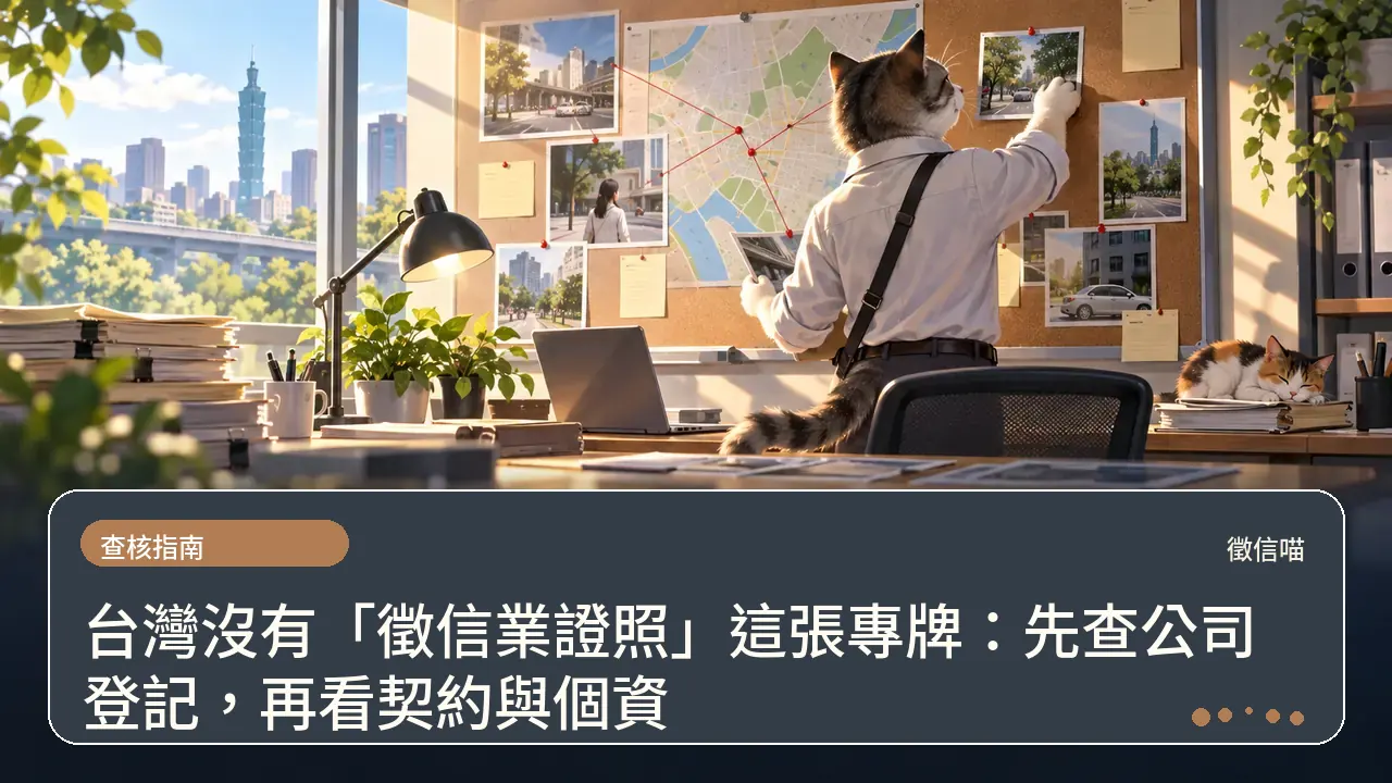 台灣沒有「徵信業證照」這張專牌：先查公司登記，再看契約與個資主題插畫