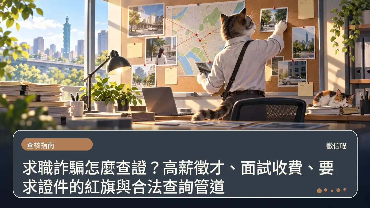 求職詐騙怎麼查證?高薪徵才、面試收費、要求證件的紅旗與合法查詢管道主題插畫